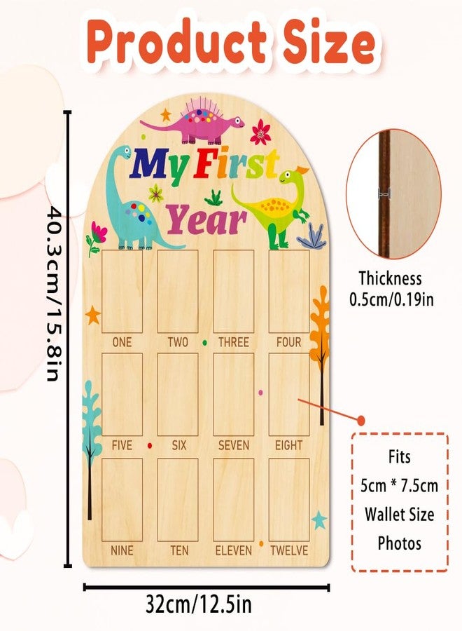 ORIGACH My First Year Baby Growth Photo Display Wood Board - 12 Months Newborn Milestones Photo Board - Neutral Baby Keepsake Board 1st Birthday Party Nursery Decor New Mom Gift - Dinosaur - Image 2